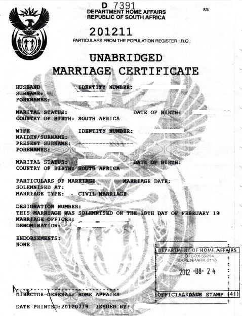 Unabridged marriage certificate